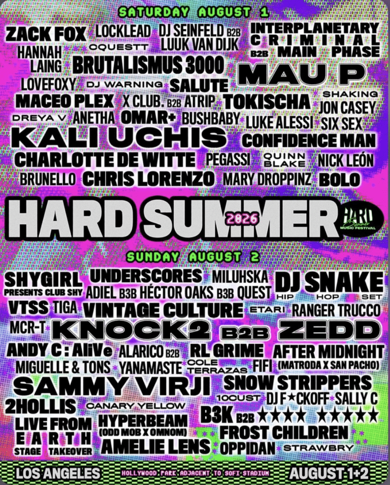 Hard Summer 2026 festival poster listing artists across two days (Saturday August 1 and Sunday August 2) with headliners Kali Uchis, DJ Snake, Zedd B2B Knock2, Mau P and many more. Bright neon glitch-style purple and pink background with bold black and white typography, plus location listed as Los Angeles and dates August 1+2.